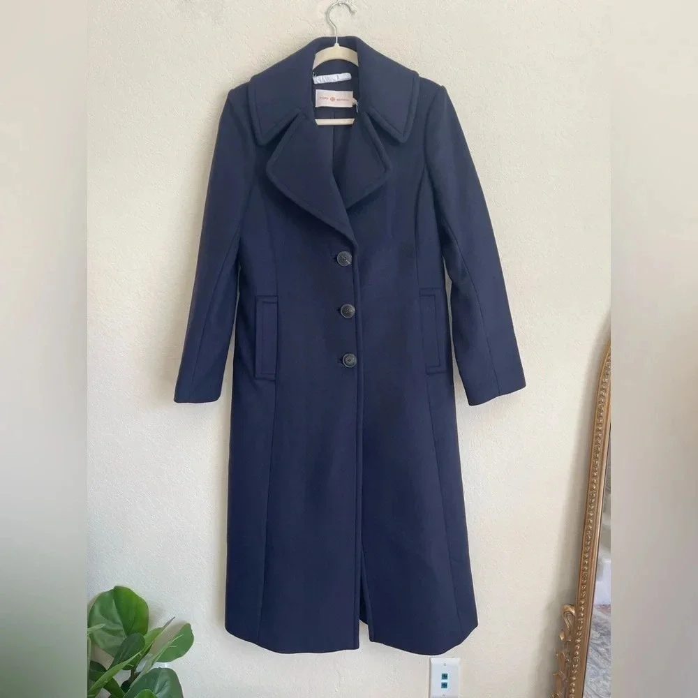 NWT Tory Burch‎ WOOL CASHMERE COAT Navy Knee Length